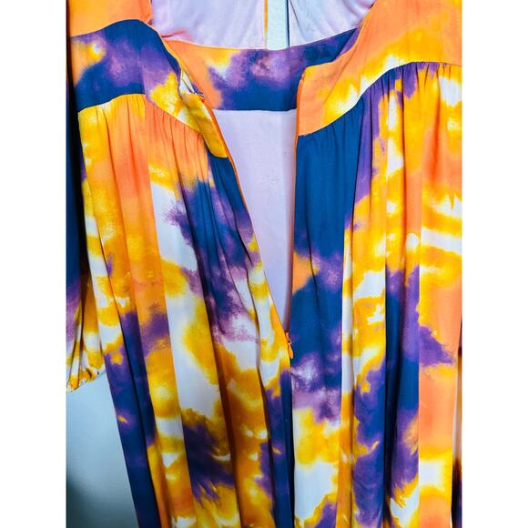 TOCCIN Purple Orange Tie-Dye Retro Plunging Neckline Puff Sleeves Maxi Dress 8 - Picture 9 of 16